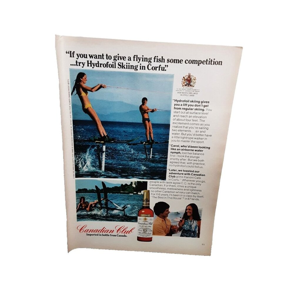 1974 Canadian Club Hydrofoil Skiing In Corfu Print Ad vintage 70s